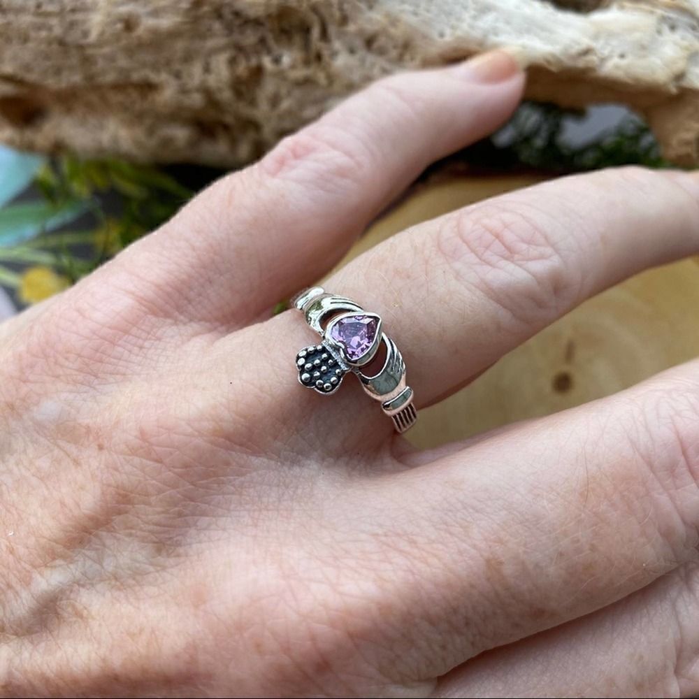 Sterling Silver Claddagh Pink Ice Cz Ring Size 8,9